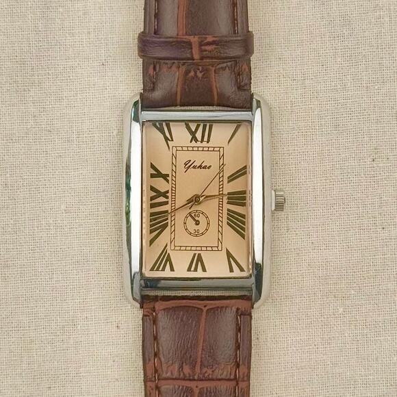 Y2K Silver Brown Leather Quartz Watch with Roman Dial Unisex 8.5" New - Picture 2 of 8